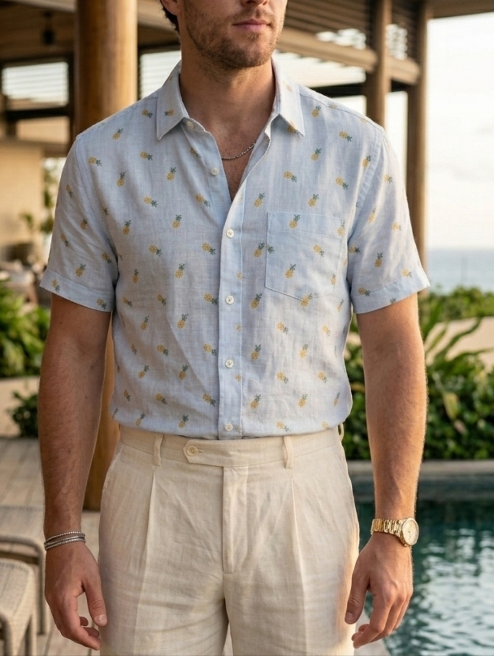 NWOT Banana Republic Factory L Resortwear Vacation Pineapple Linen Cotton Shirt